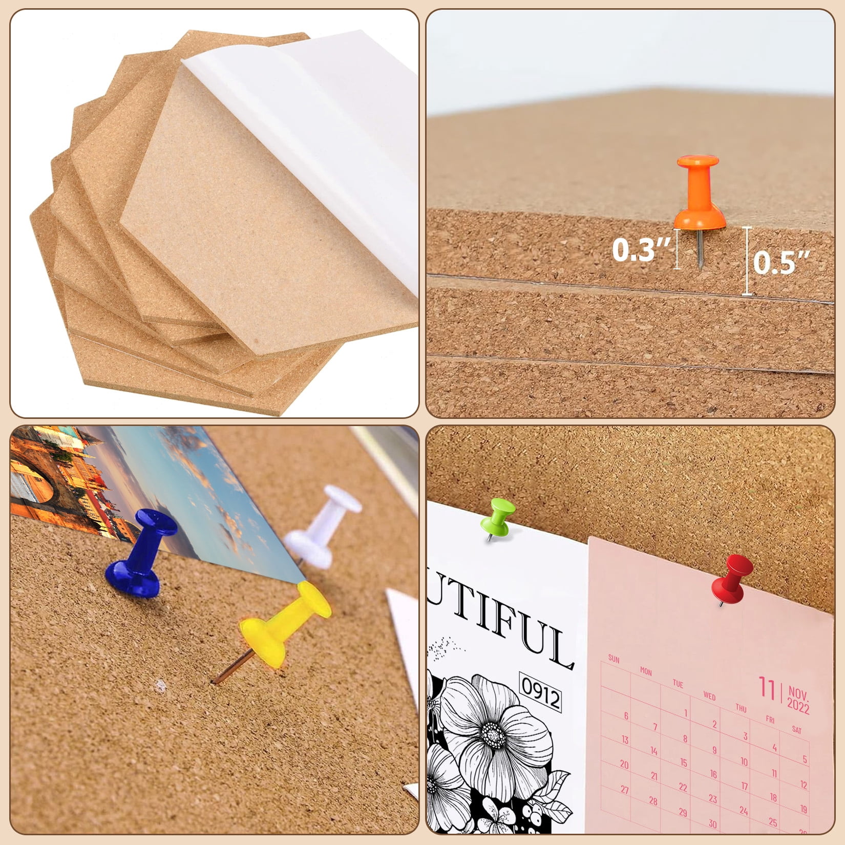 LERENSHA 8 Pack Cork Board Tiles 12 x 12 x 0.5 Inch, Self Adhesive Cork Boards Hexagon, Bulletin Board Wall Tiles with Push Pins for Office, Home, DIY Wall Decor