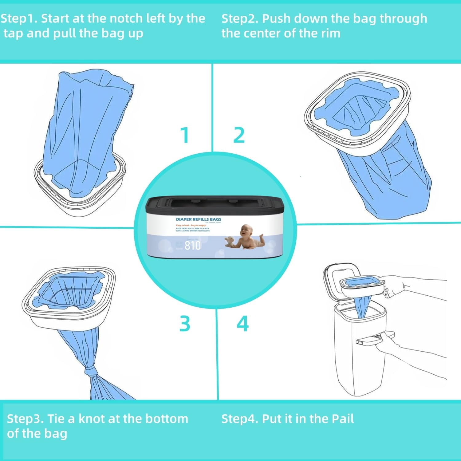 6 Packs Jumbo Square Refills Disposal Bags Refill Compatible with Diaper Genie Compact and Select Pails (Not Fit Classic Version Pails), Hold Up to 810 Newborn-Sized Diapers Per Refill
