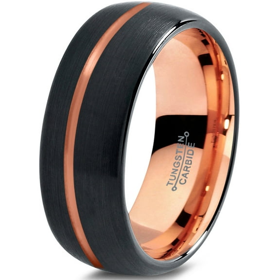 P. Manoukian Tungsten Wedding Band Ring 8mm for Men Women Black & 18K Rose Gold Plated Offset Line Dome Brushed Polished Lifetime Guarantee Size 4