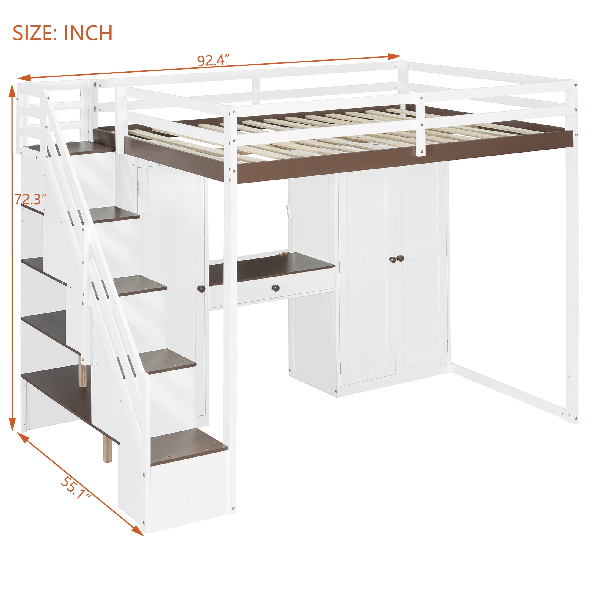 Mintazer Full Size Princess Loft Bed Built-in Dressing Table with Vanity Mirror, Wardrobe, Storage Staircase, Drawer, LED Lights & Charging Station for Girls, White & Brown