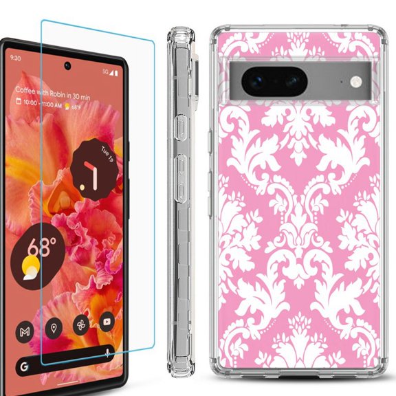 OneToughShield ® Compatible with Google Pixel 8, Shockproof Phone Case, with Tempered Glass Screen Protector - Victorian White/Pink