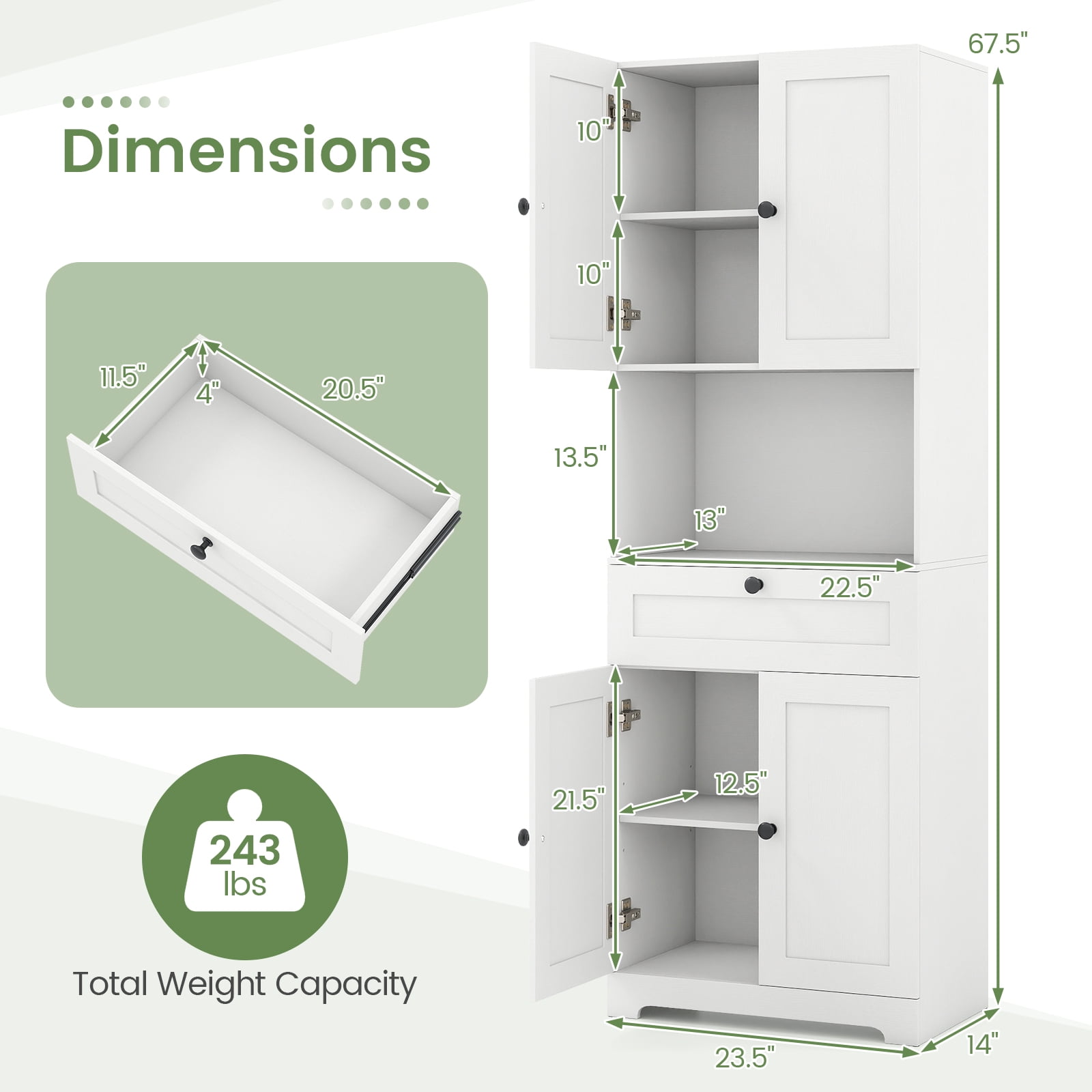 Gymax 67.5'' Kitchen Pantry Cabinet w/4 Doors 1 Drawer Open Countertop Adjustable Shelf White