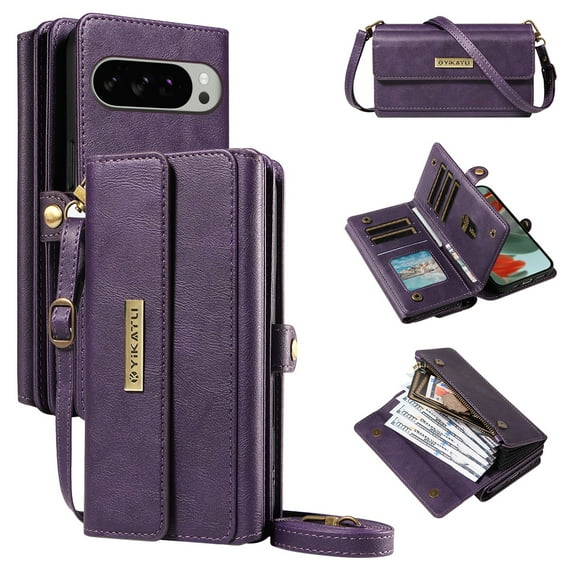 Wallet For Google Pixel 9 / 9 Pro Case with RFID Blocking [9 Card Holder] [3 Cash Slots] [1 Zipper Pocket] for Women Men,Magnetic Snap Closure PU Leather Flip Stand Crossbody Strap Case,Purple