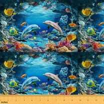 Homewish Teen 3D Dolphin Fabric by the Yard 1 Yard, Ocean Marine Sealife Room Decor Fabric by the Yard, Blue Underwater World Sewing Fabric, Lightweight Room Decor