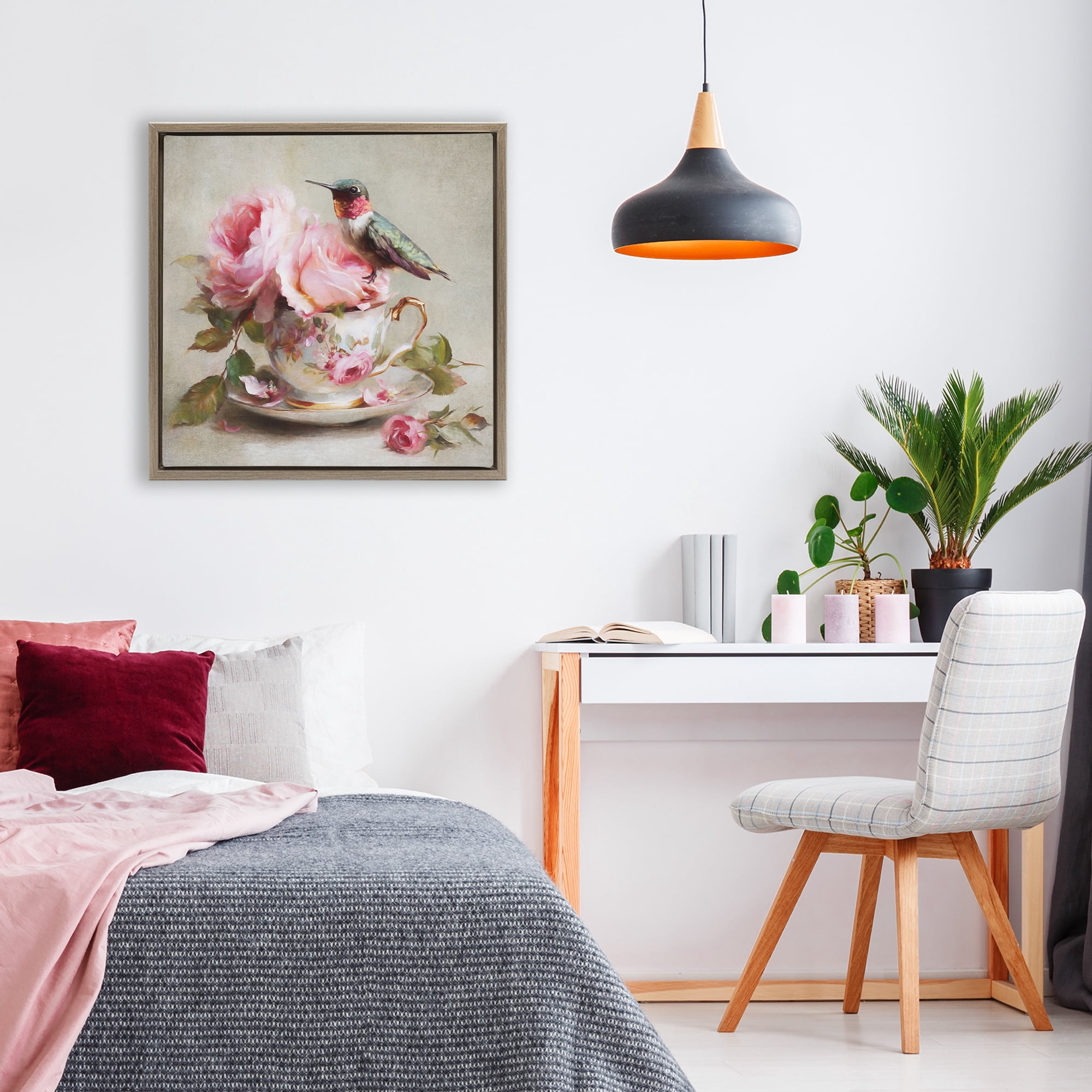 Stupell Industries Hummingbird & Tea Cup Brown Framed Floater Canvas Wall Art, design by Tina LeCour