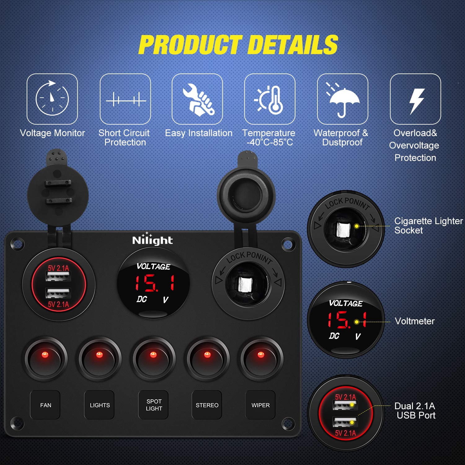 Nilight 5 Gang Multi Function Rocker Switch Backlit Dual USB Charger, Digital Voltmeter, 12V Outlet Pre-Wired Panel with Inline Fuse for RVs Cars Boats Trucks Trailers, Red