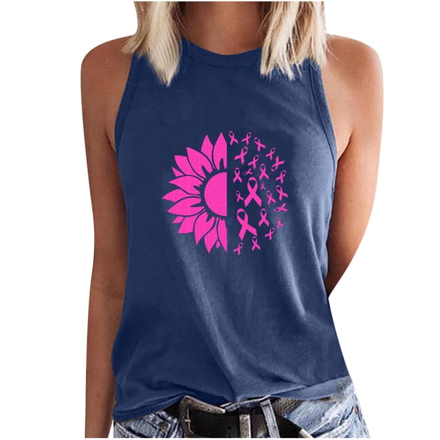 Pisexur Women's Breast Cancer Tshirt Sleeveless Round Neck Fighting Pink Ribbon Breast Cancer Awareness Racerback Tank Top