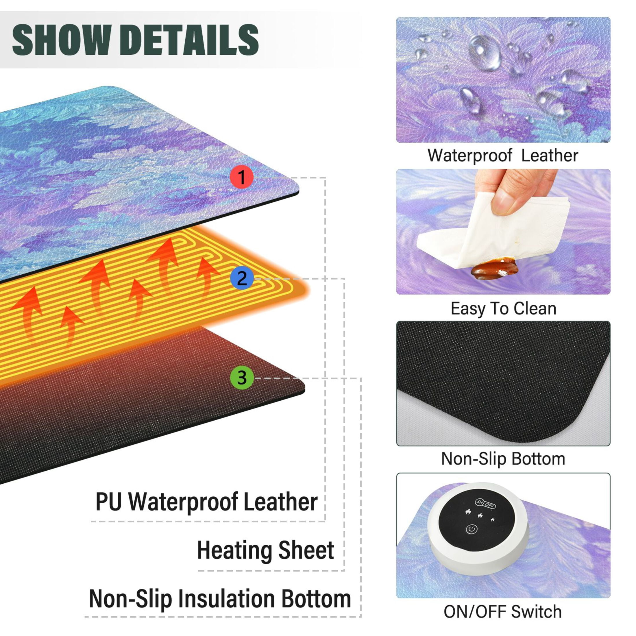 Large Heated Desk Mat Mouse Pad 31.5"x13"PU Leather Graphene Heating Desk Warmer with 3 Temperature Settings 110V US Plug Non-Slip Warm Pad for Home, Office, and Gaming Frosty Floral Ice Pattern