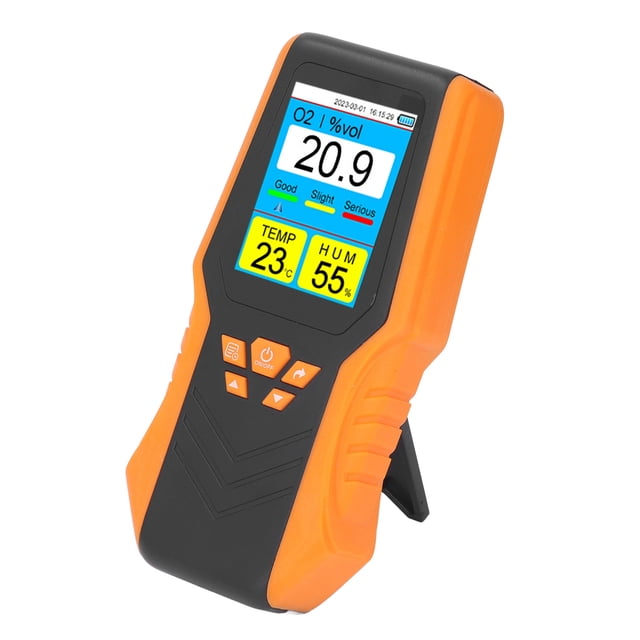Detector de o2 Portátil, Hora y Fecha MaSestra de Temperatura O2 Probador de Humedad 0-30%Vol Con Soporte para Espacios Para Exteriores Interiores