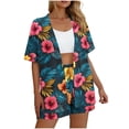 thumbnail image 5 of HOZADOIE Two Piece Sets for Women Beach Lounge Sets Stylish Hawaiian Print Color Block Short Sleeve Cardigan Elastic Drawstring Waist Shorts Summer Matching Set, 5 of 7