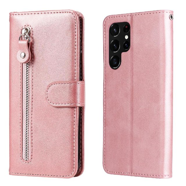 Estuche de Cuero PU con Cierre para Samsung Galaxy S23 Ultra 5G , Funda Protectora con Billetera y Correa