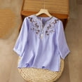 thumbnail image 2 of Levmjia Women's Tops Fashion V-Neck Pullover Cotton Linen Blouse Mid Sleeve Embroidered Casual Polyester Comfortable Shirt Spring Summer, 2 of 5