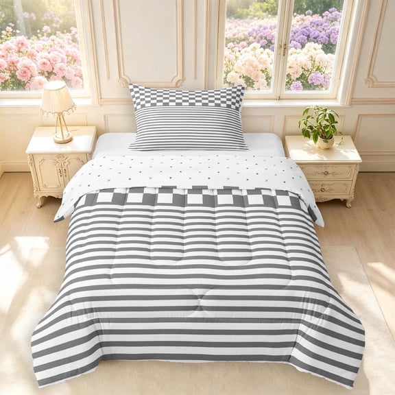 Manfei Geometric Check Twin Comforter Sets,Classic Plaid Bedding Set,Gray White,Reversible,2-Piece,1 Comforter and 1 Pillowcase,2-Piece,1 Comforter and 1 Pillowcase