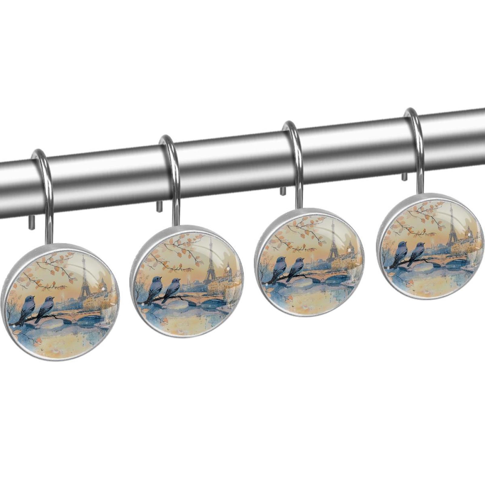 Watercolor Birds Eiffer Tower Landscape Shower Curtain Hooks Round Crystal Glass, Set of 12 Shower Curtain Rings - Shower Hooks for Curtain Shower Rings