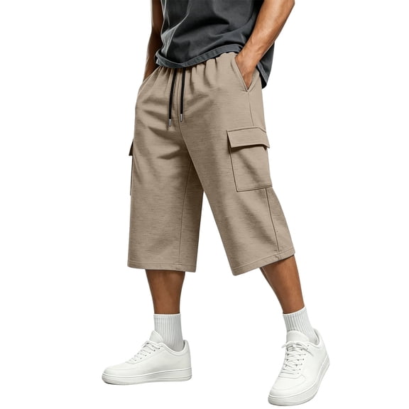 TKKCS Mens Capri Cargo Shorts- Outdoor Hiking Elastic Waist Drawstring Casual Loose Fit Straight Leg Lightweight Long Shorts with Multi Pockets Beige Size 3XL