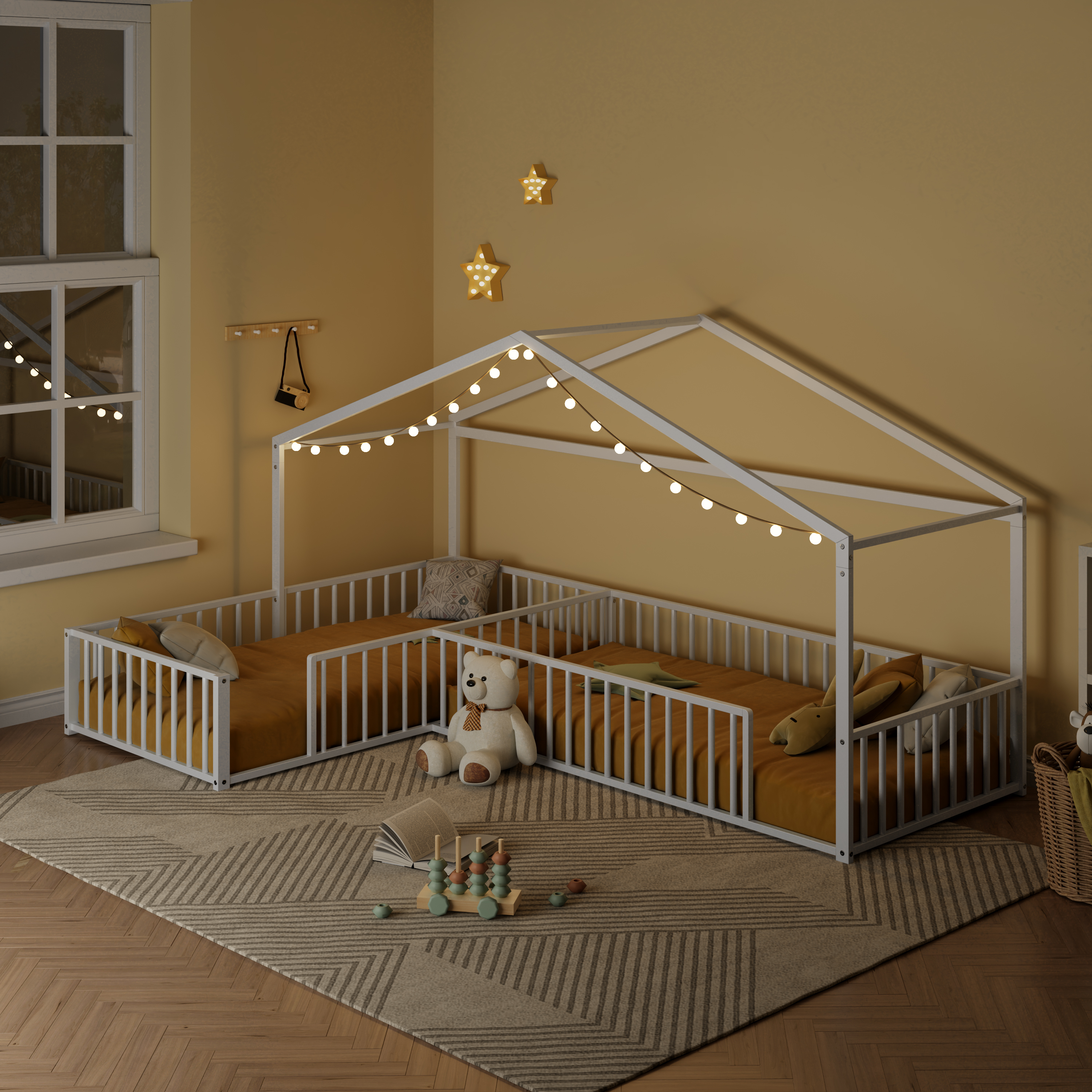 Euroco Metal L-Shaped Twin Size House Platform Bed, Double Montessori Bed with Fence, White