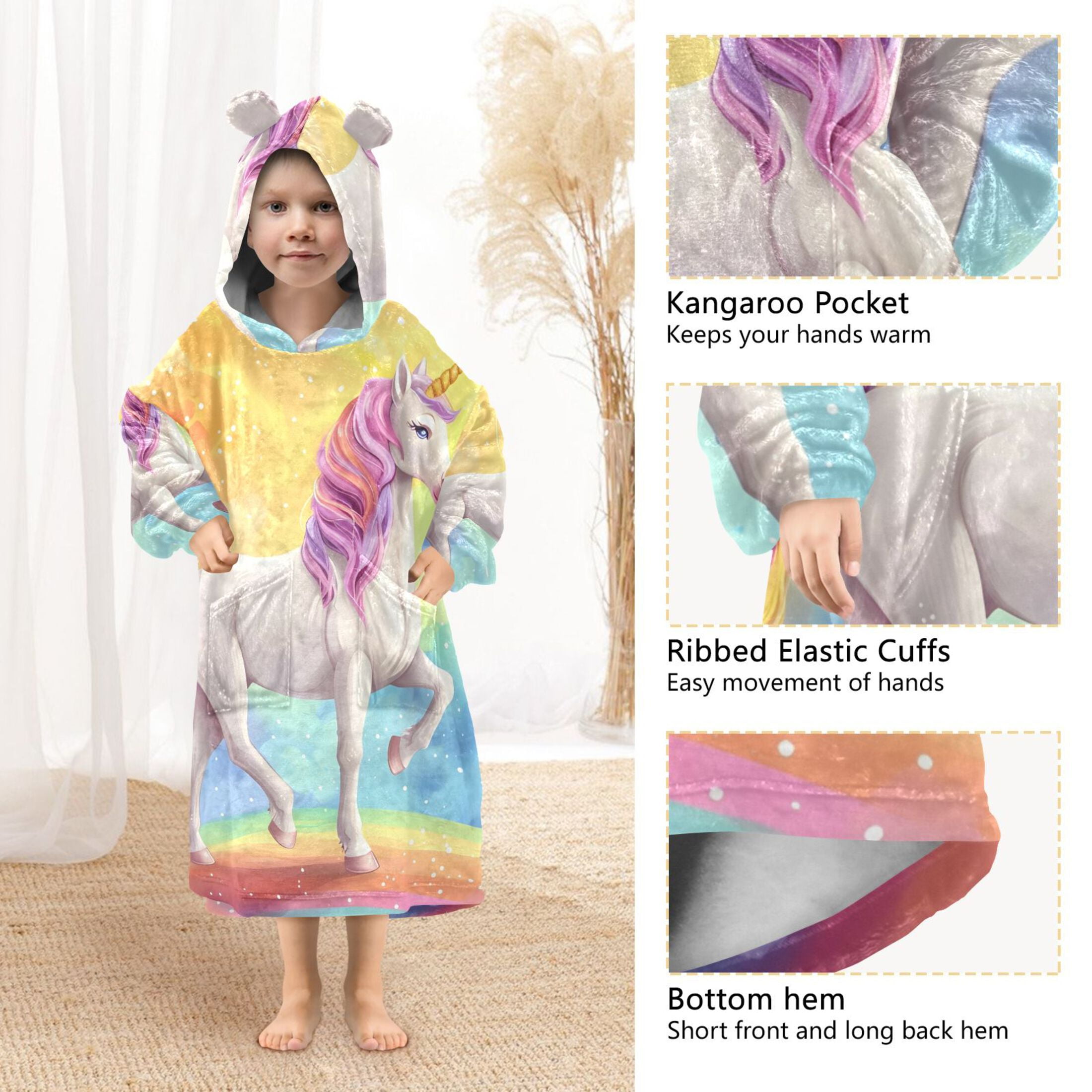 joogoo Wearable Blanket Hoodie for Kids Unicorn Standing on Rainbow Flannel Oversized Sweatshirt 3-14 Years L