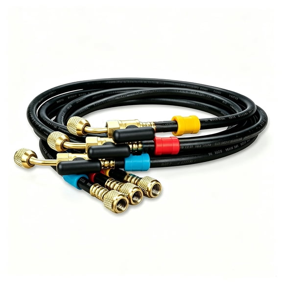 `5FT 1/4" Refrigerant Ball Valve Hoses Set of 3, Brass & Rubber, A2L Rated HVAC Charging Evacuation Hoses with Custom Color Tags` >