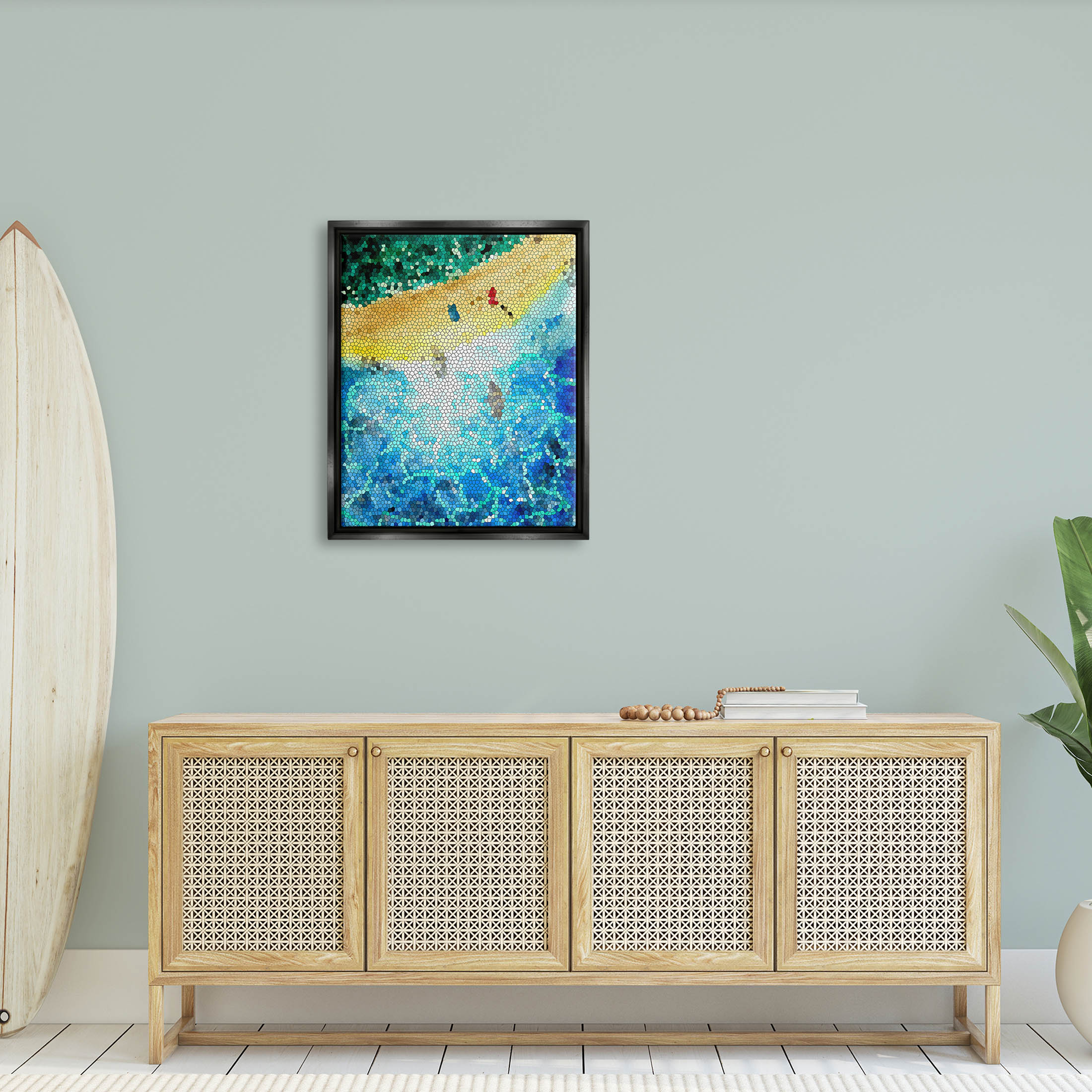 Modern Mosaic Pattern Beach Coastal Graphic Art Jet Black Framed Art Print Wall Art