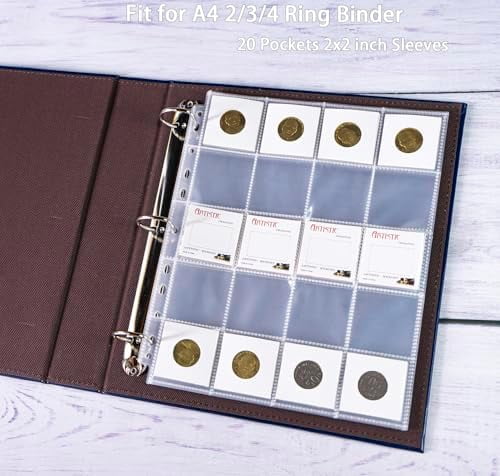 30 Pack 600 Pockets 2x2” Coin Flip Sleeves, Heavy Duty Stamp Collection Pages for 3 Ring Binder, 20 Pocket Photo Slide Flips Organizer Sheet, Top Loading Clear Cardboard Coin Holder Sleeves