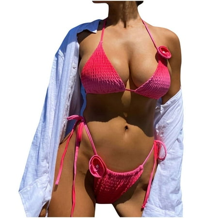 ZQGJB Women s Sexy Halter Bikini Set 3D Floral Appliques Triangle Top Thong Bikini Swimsuits Cheeky Two Piece Bathing Suit(Pink S)