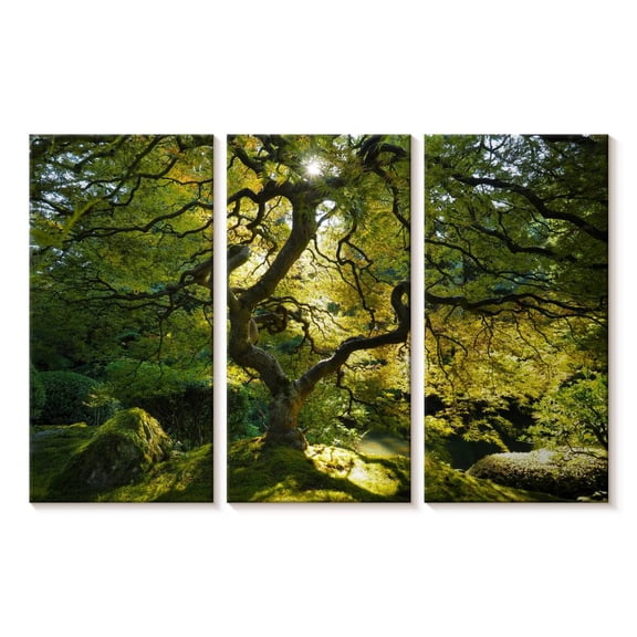 Elephant Stock Japanese Maple Garden Wall Art - Horizontal Multi Panel Canvas - Lobby Wall Decor - Floral And Botanical Multi Panel - Green And Brown Decor - 23" x 14"