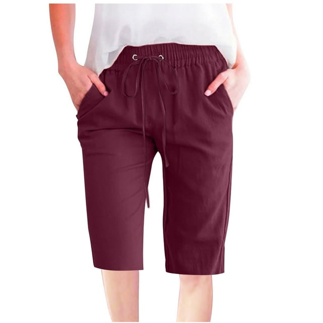 Wlynlyn Womens' Plus Size Cotton Linen Shorts Drawstring High Waisted Lounge Shorts Summer Casual Knee Length Shorts