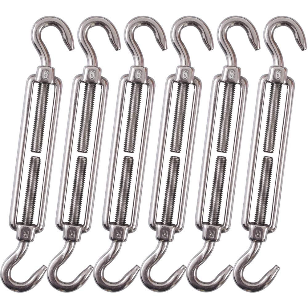 M6 Hook & Hook/C to C Turnbuckle 304 Stainless Steel, Hardware Kit for Wire Rope Tension Heavy Duty, for Sun Shade, Tent Installation, Anti-Rust, 6 Packs