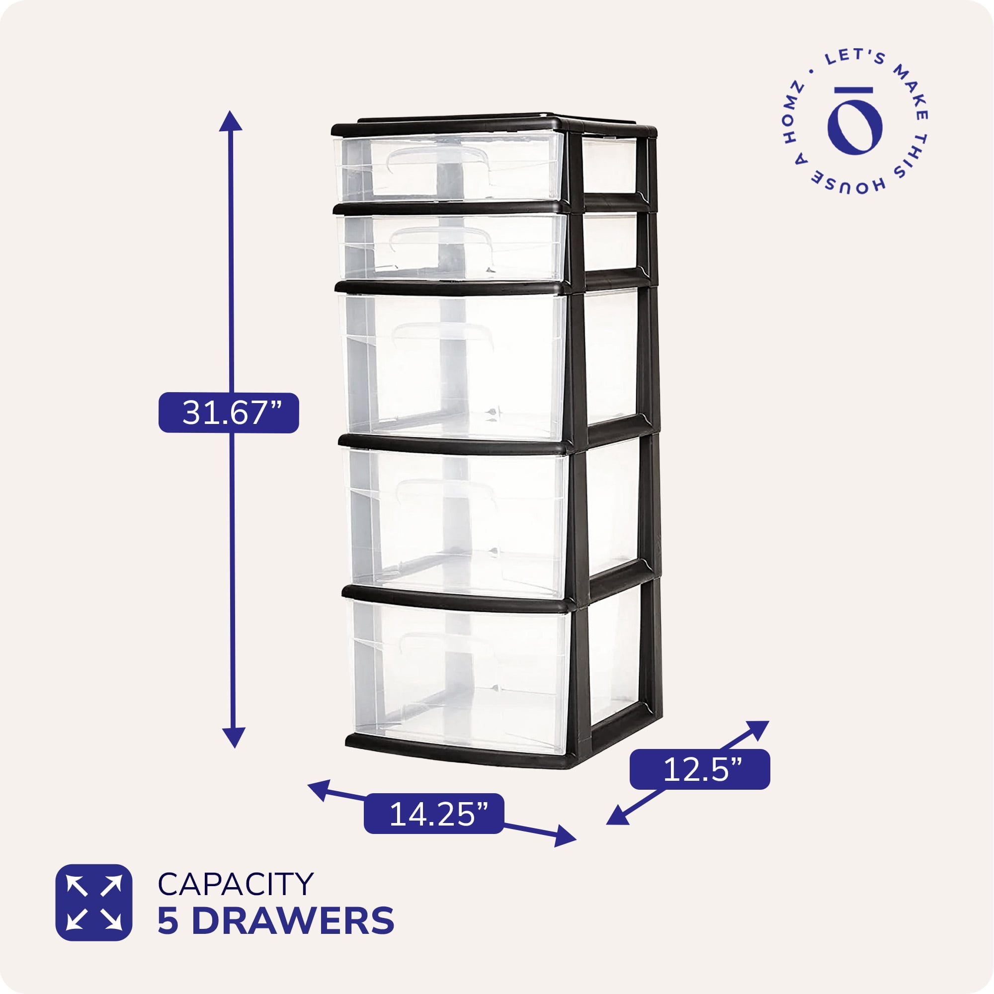 Homz Plastic 5 Drawer Home Storage Container TowerCloset Organizer, Black