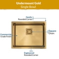 thumbnail image 5 of Strictly Sinks 23 Inch Undermount Kitchen Sink – Gold Single Bowl 16 Gauge Stainless Steel Bar Prep Kitchen Sink Stain Resistant – With 1 Square Disposal Adapter, 1 Strainer Drain & Bottom Grid, 5 of 7
