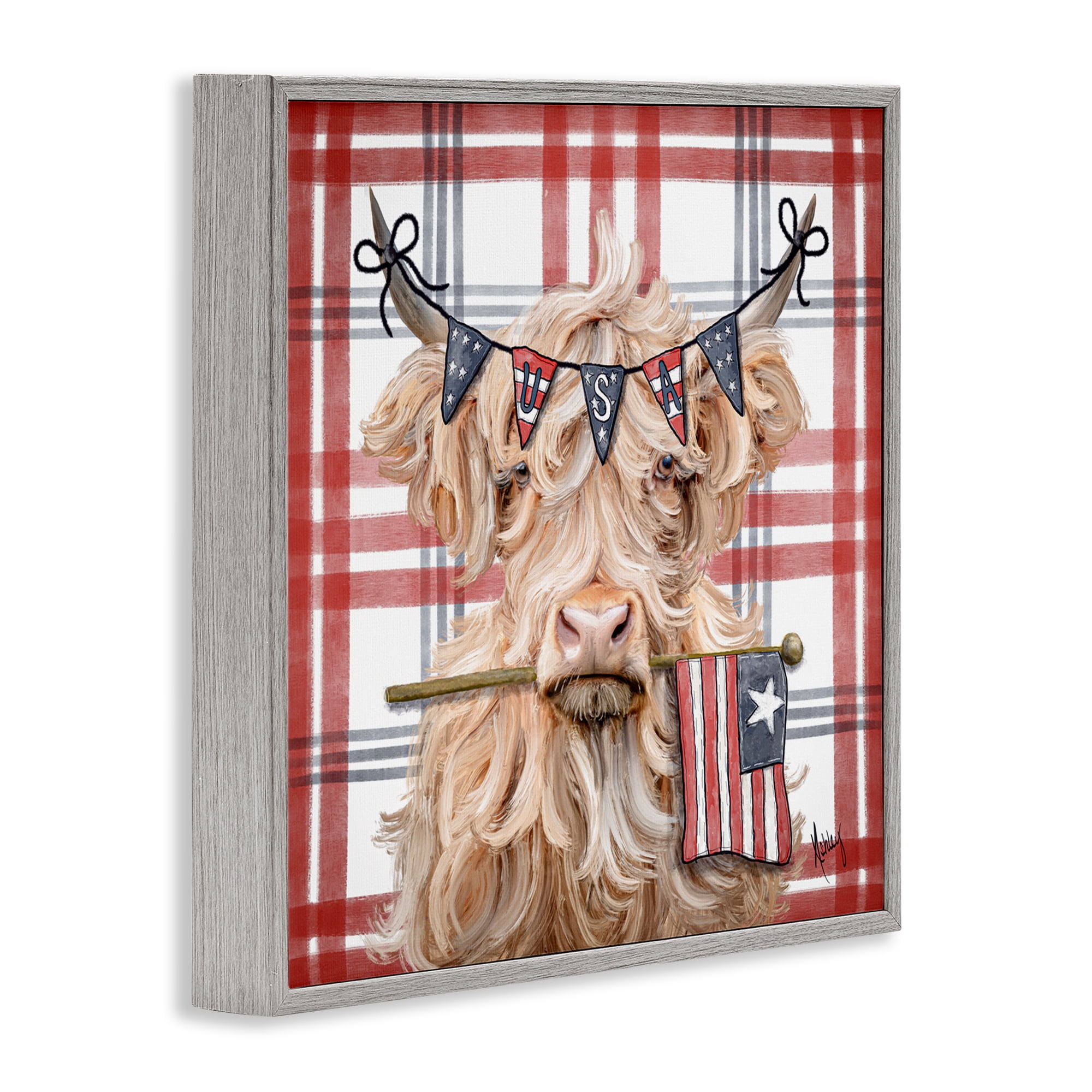 USA Plaid Highland Cattle Gray Framed Giclee Art, design by Ashley Bradley