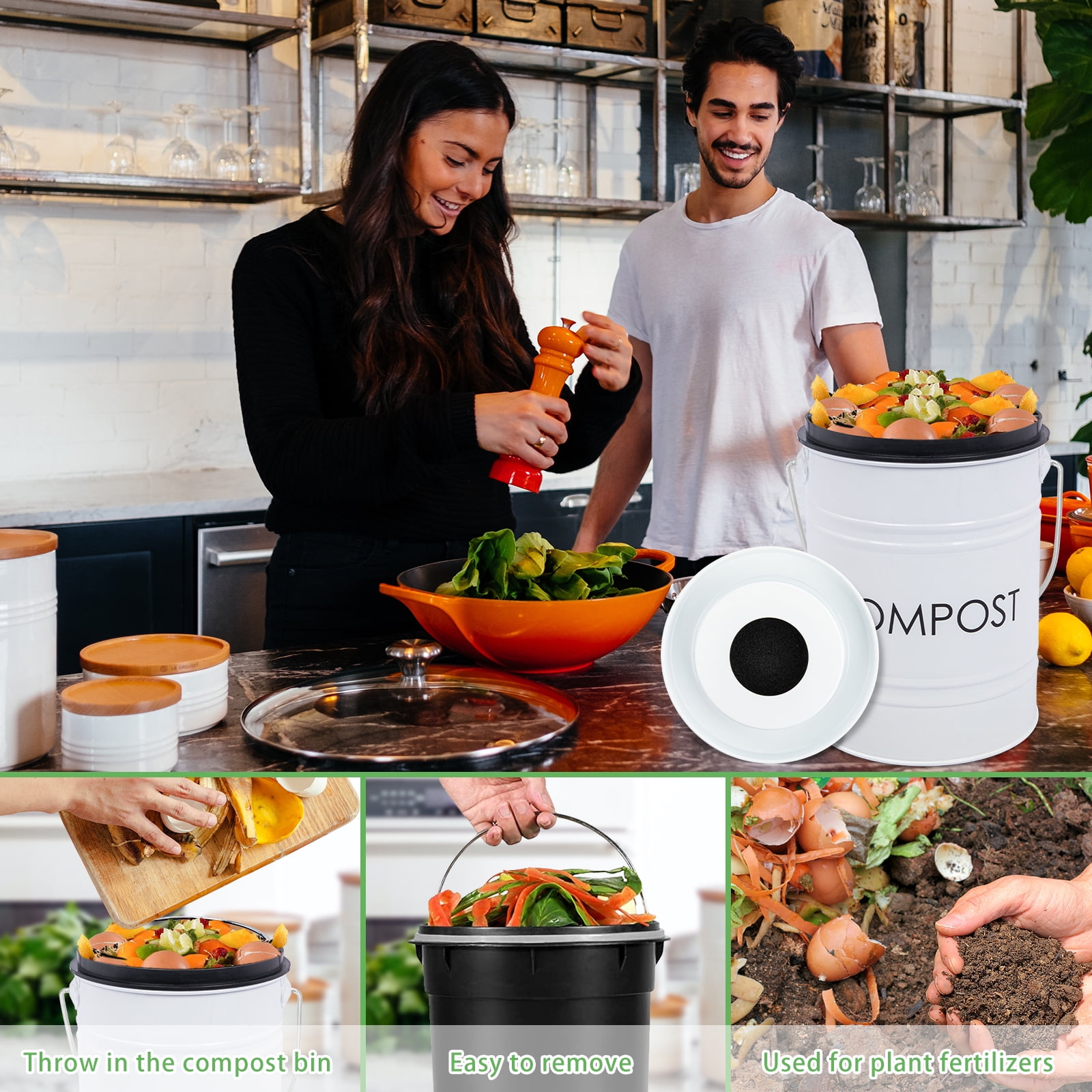 Vipush Compost Bin Kitchen Countertop Compost Bin with lid, Small Compost Bin Includes Inner Compost Bucket Liner & Charcoal Filter, White