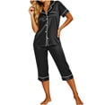 thumbnail image 2 of XUNKUSGA Women's Satin Pajama Sets 2 Piece Capri Pajamas Short Sleeve Lapel Button Down Shirts Silk Pjs Lightweight Breathable Casual Pajamas for Women Set Black L, 2 of 8