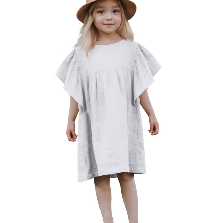 HOMADLES Big Girls Dress Solid Crewneck Linen Stretch Summer Loose Princess Dress  Dress White 2 T - Walmart.com