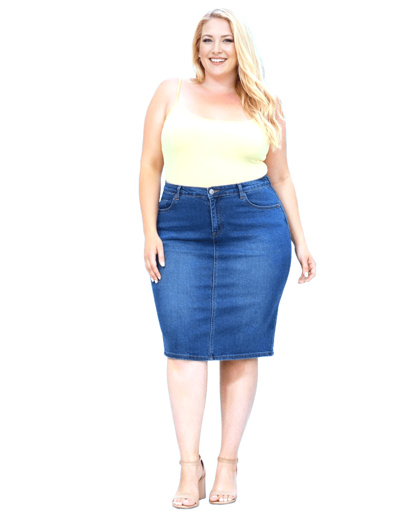 Jack David Women's Plus Size Spandex Waist Blue Denim Skirt with