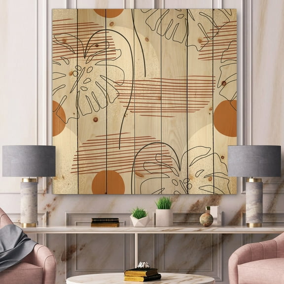Designart 'Abstract Monstera Leaf and One Line Art Shapes' Modern Print on Natural Pine Wood