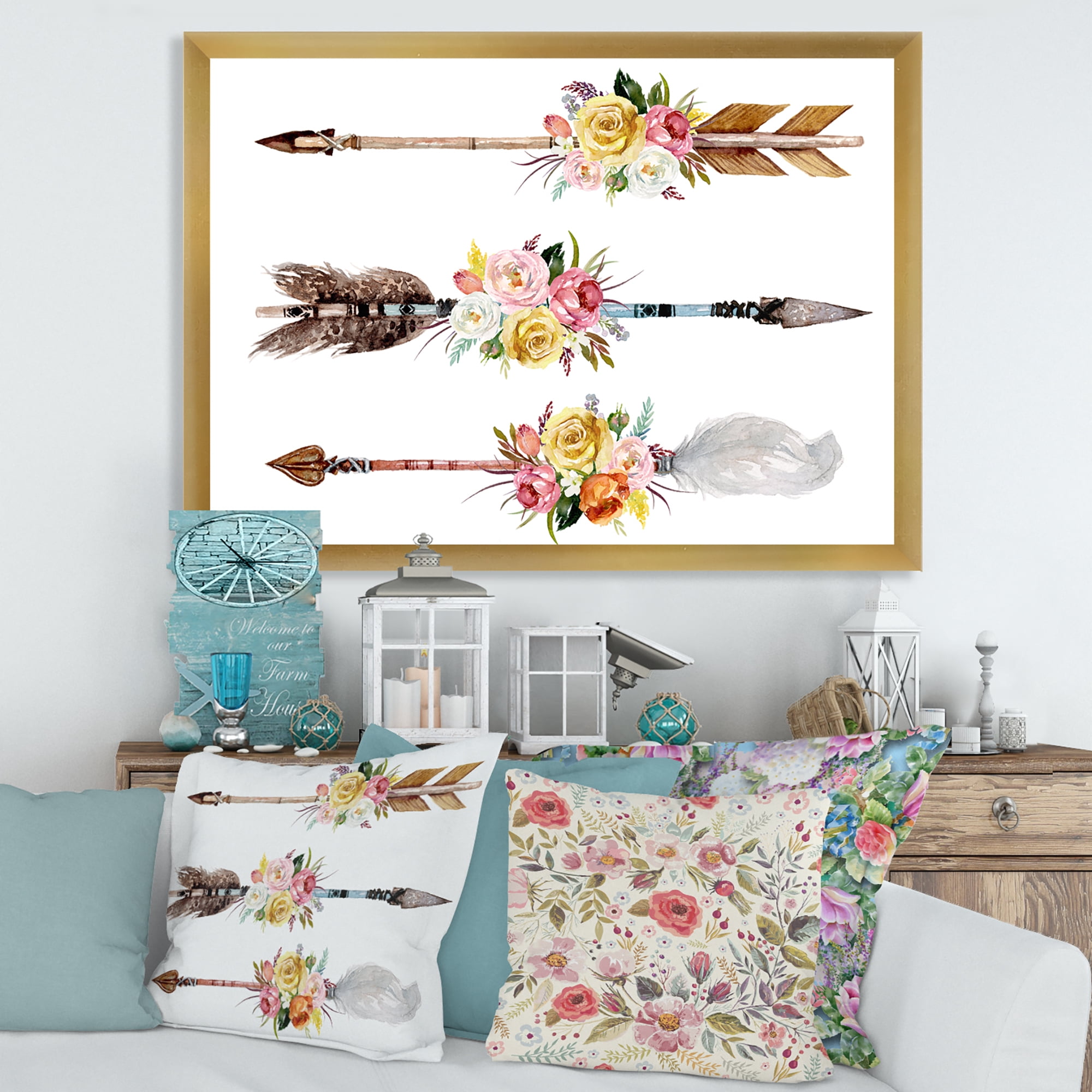 Designart 'Flowers and Ethnic Feathers On Native Arrows II' Bohemian & Eclectic Framed Art Print