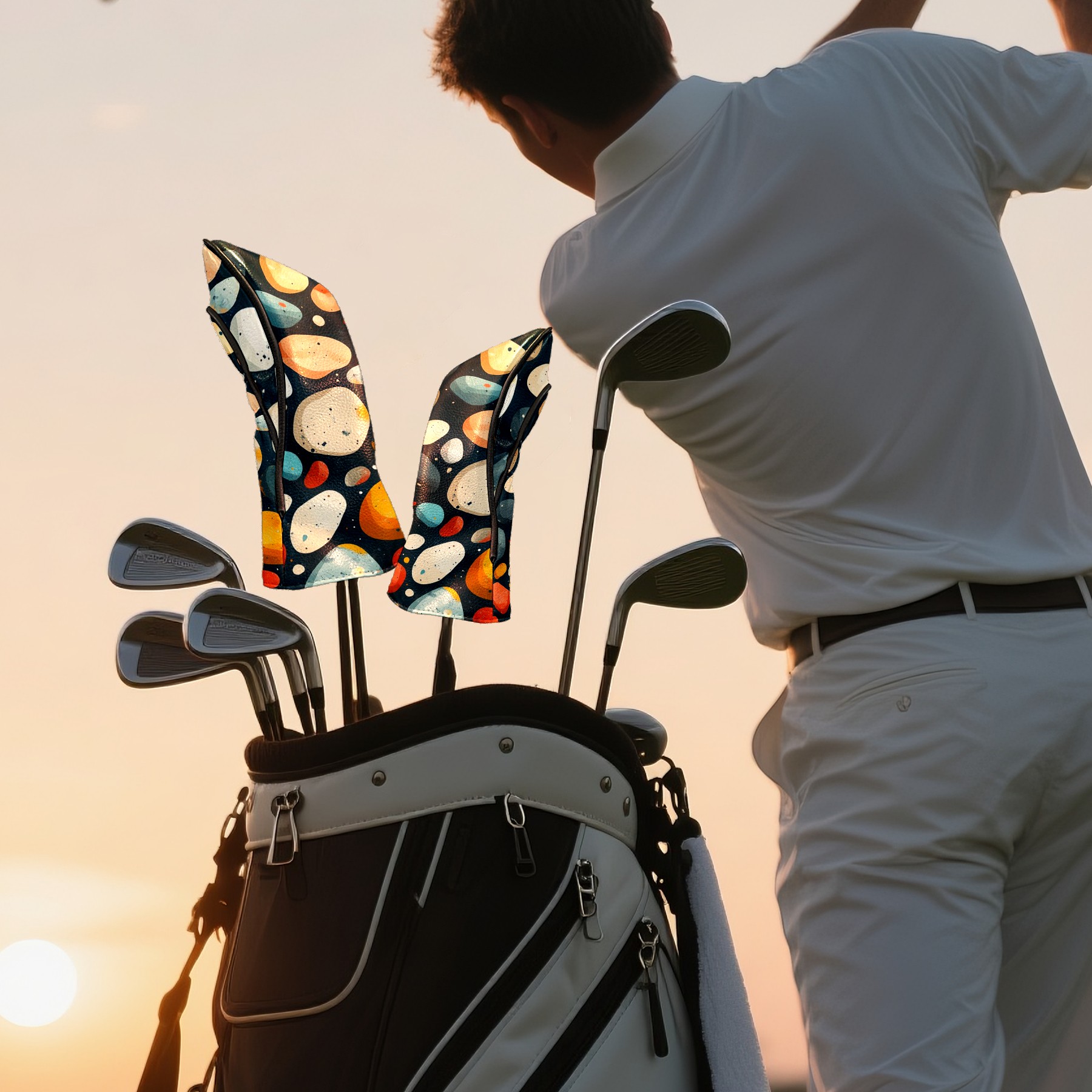 Golf Head Covers Colorful Stone Pattern for Driver, Wood & Hybrid, Premium Waterproof PU Leather with Plush Lining, Unique Abstract Golf Gifts