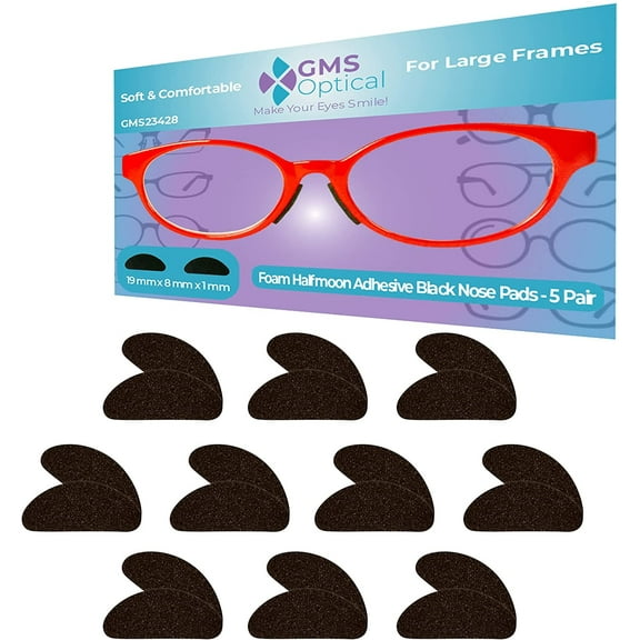 GMS Optical 19mm Long / 8mm Wide – 1mm Ultra-Thin Adhesive Halfmoon Foam Nose Pads for Glasses, Eyeglasses & Sunglasses (5 Pair – 2 Pack, 10 Total Pairs, Black)