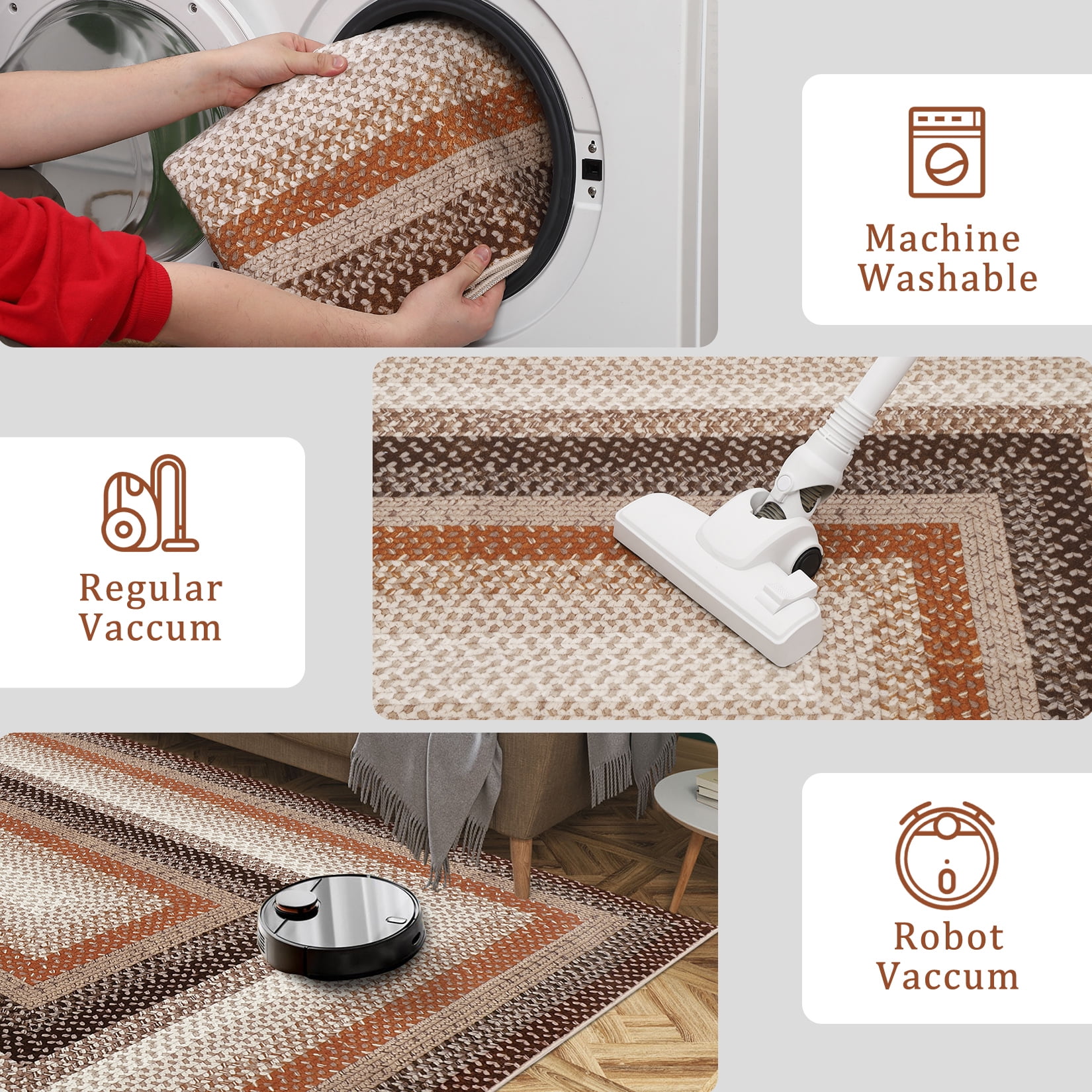 HOMERRY Braided Print Border Non Slip Area Rug 9' x 12' for Living Room Washable Indoor Carpet, Brown/Orange