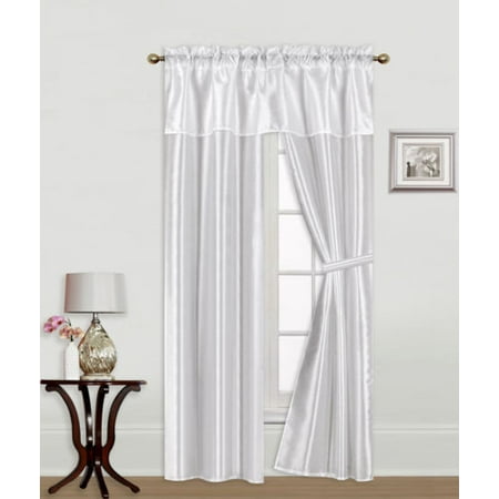 - Knight White 5-Piece Rod Pocket Faux Silk Light Softly Filtering Window Panel Set, 2 Panels, 1 Attached Valance and 2 Tie Backs 54