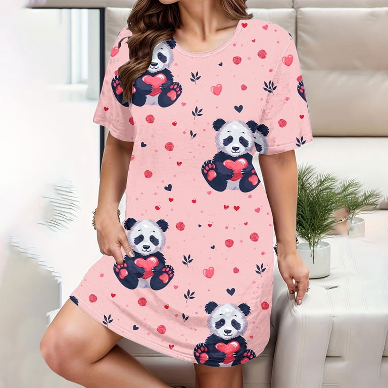 Fjofpr Lounge Dresses for Women Women's Spring/Summer 2025 Loose Round Neck Cute Printed Large Short Sleeve Home Skirt, Size: 3XL, White