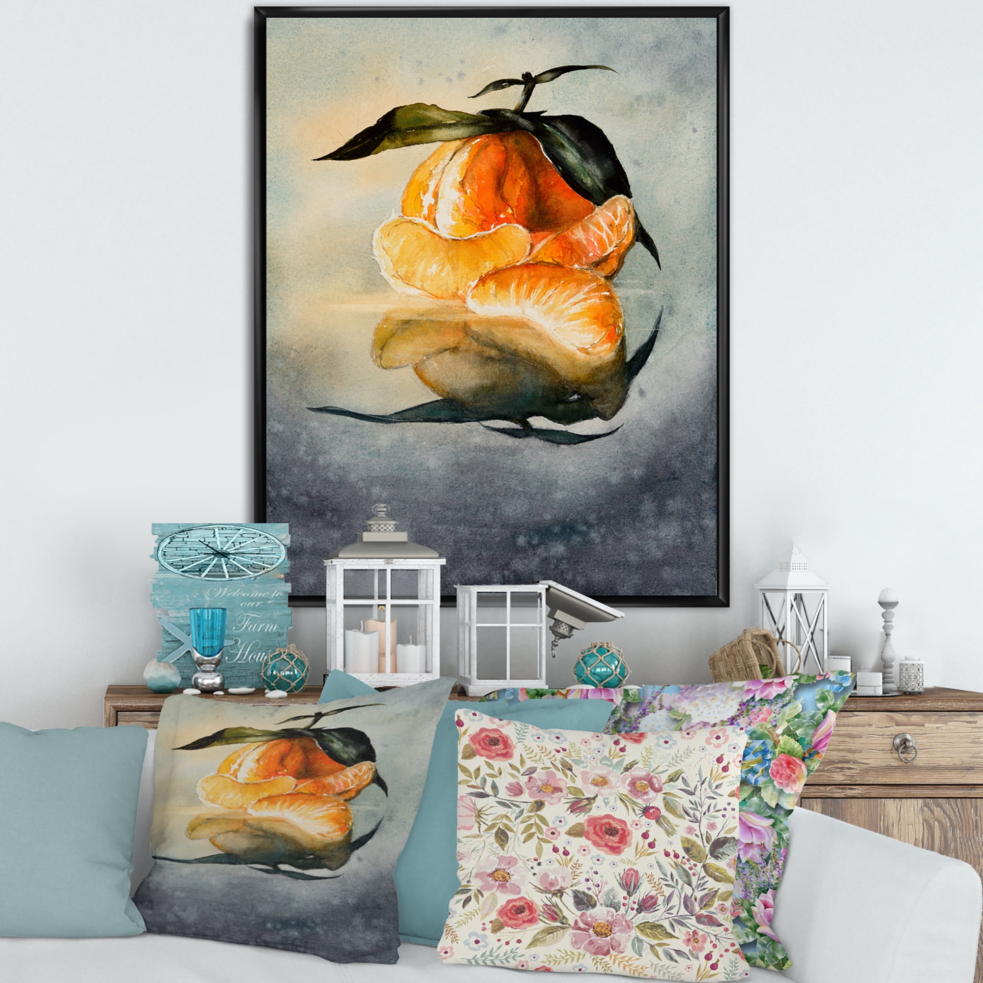 Designart 'One Peeled Fresh Orange Mandarin Under Green Leaves' Traditional Framed Canvas Wall Art Print