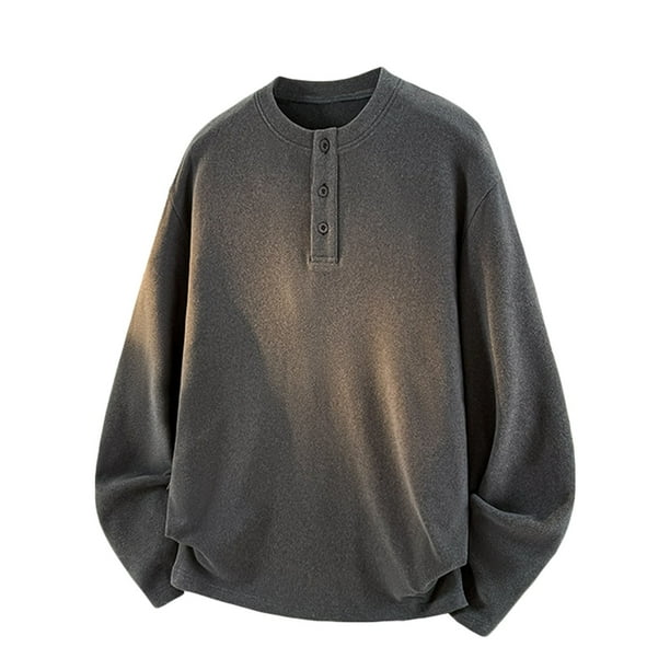 pstuiky camisas de manga larga para hombre, Camisas de hombre de color sólido con cuello redondo, botones, manga larga, capa base, informal, cálida, capa interior camisetas de hombre xxxl