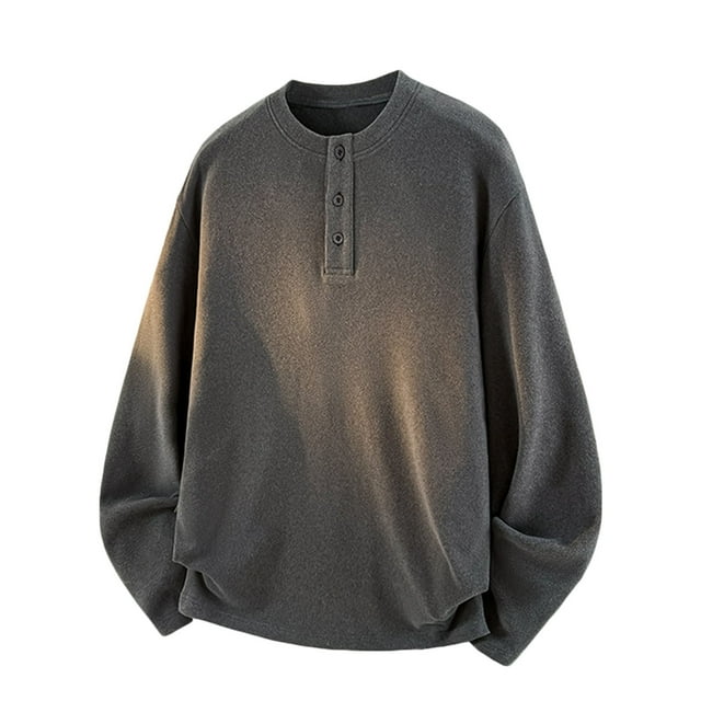 Lovzfmll Men's Thermal Solid Color Crewneck Three-Button Long Sleeve Base Layer Casual Thermal Inner Layer for Warmth Dark Gray, XL