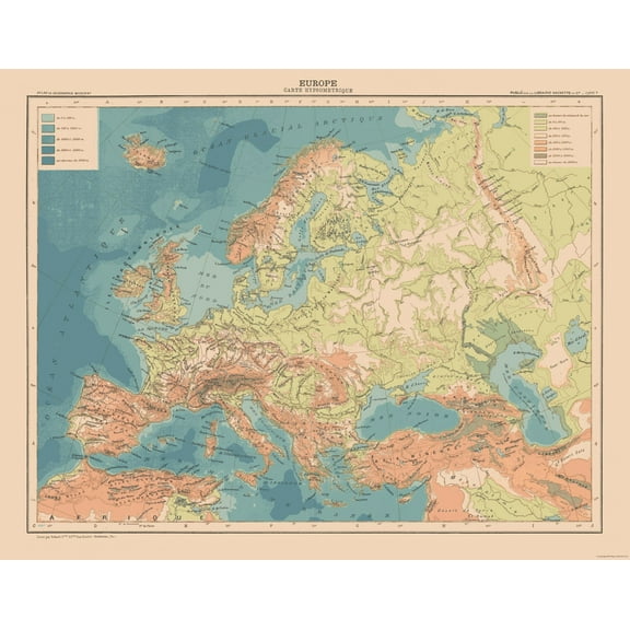 Historic Map - Europe Hypsometric - Schrader 1908 - 29.50 x 23 - Vintage Wall Art