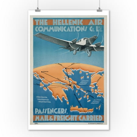 Hellenic Air Communications Vintage Poster (artist: Lyda) Greece (9x12 Art Print, Wall Decor Travel
