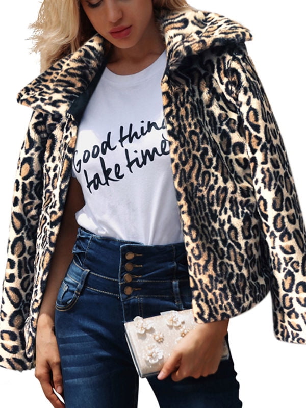 Faux Fur Cardigans Jacket UK Outwear Leopard Print Winter Women's Coat Overcoat
