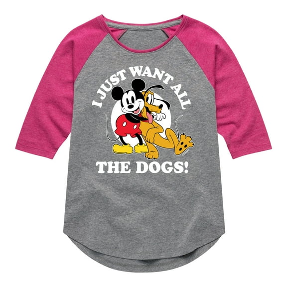 Mickey & Friends - Mickey Pluto Just Want All Dogs - Toddler And Youth Girls Raglan Graphic T-Shirt