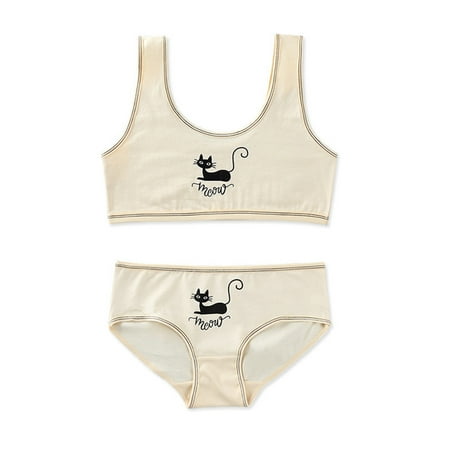 

Teens Girls 2Pcs Sports Underwear Set Cute Black for Cat Print Wide Strap Training Bra Striped Vest Top and Matching Pan